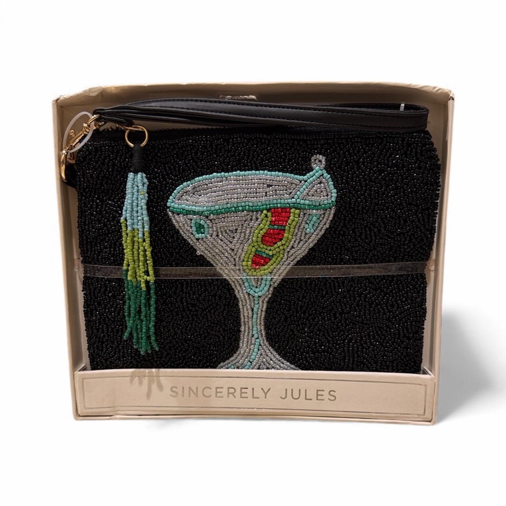 Sincerely Jules Black Beaded Clutch with Martini Design